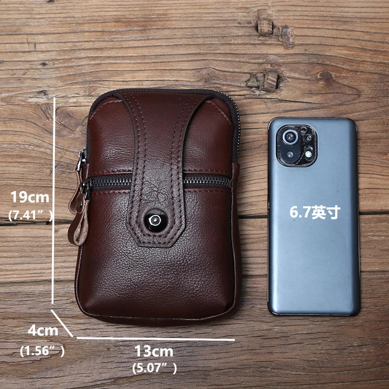 NZPJ Leather Mens Waist Bag Top Layer Cowhide Casual Mobile Phone Bag Wear Belt Vertical Shoulder Messenger Mobile Phone Bag 240729