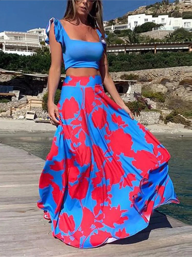 Bohemian Style Print Skirt Two Piece Set Women Sexy Cropped Top High Waist Aline Skirts 2 Sets Casual Vacation Lady Suits 240729