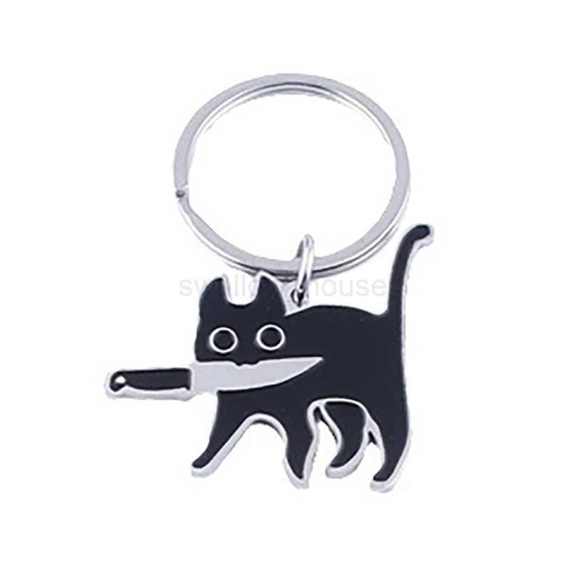 Cute Cartoon Knife Cat Keychain Stainless Steel Black Kitten Key Chains Keyring Bag Pendant Hanging Jewelry GiftL240729