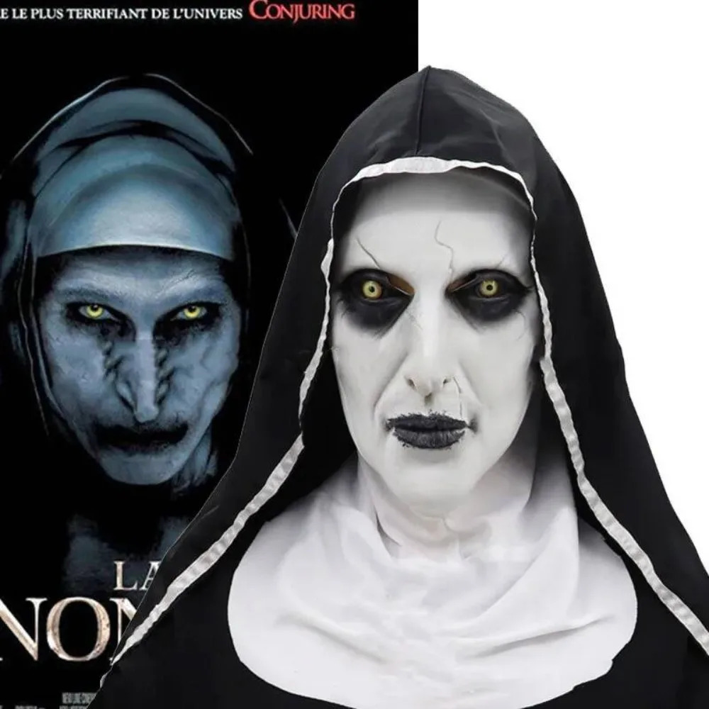 Horror Nun Latex Mask with Head Scarf Cosplay Costume Headgear Halloween Fancy Dress Party Carnival Scary Ghost Nun Mask 240729