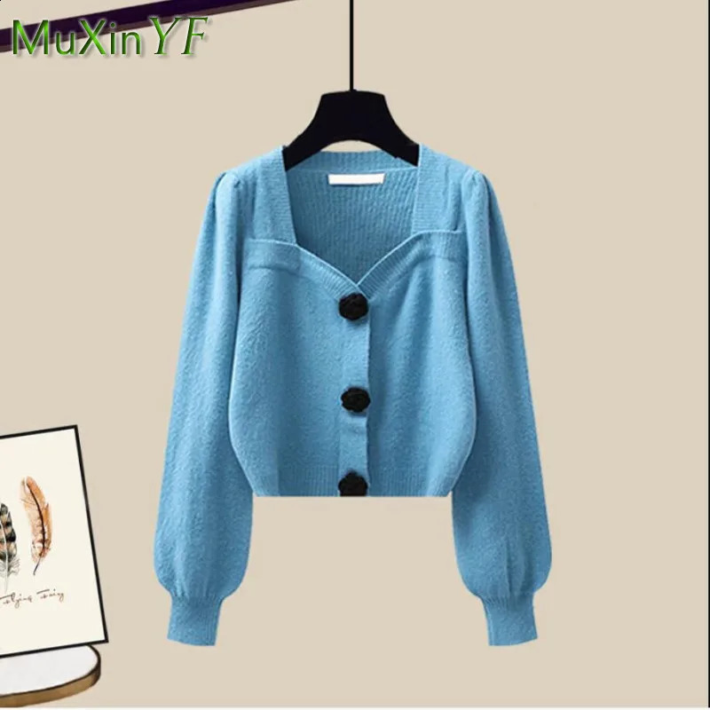 Autumn Winter Fashion Knit Sweater TopBlack Dress Two Piece Set Womens Korean Elegant Cardigan Blouse Midi Skirt Suit 240729