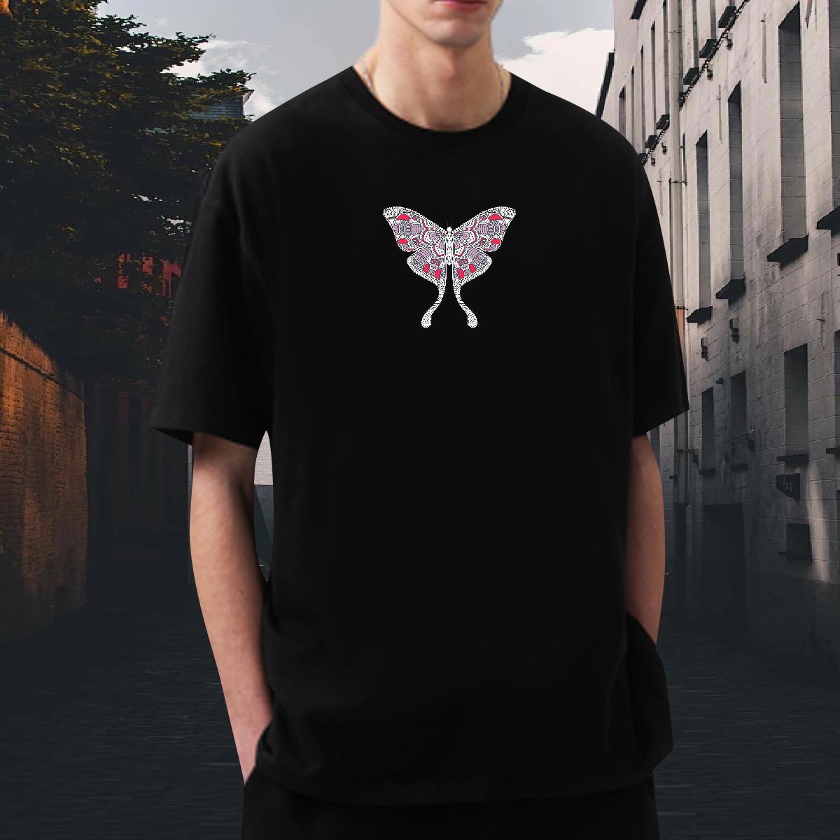 Free Shipping Men Tshirts 230g 100% Cotton Sport Butterfly Floral Print Breathable Crew Neck Casual New Mens T Shirts Clothings
