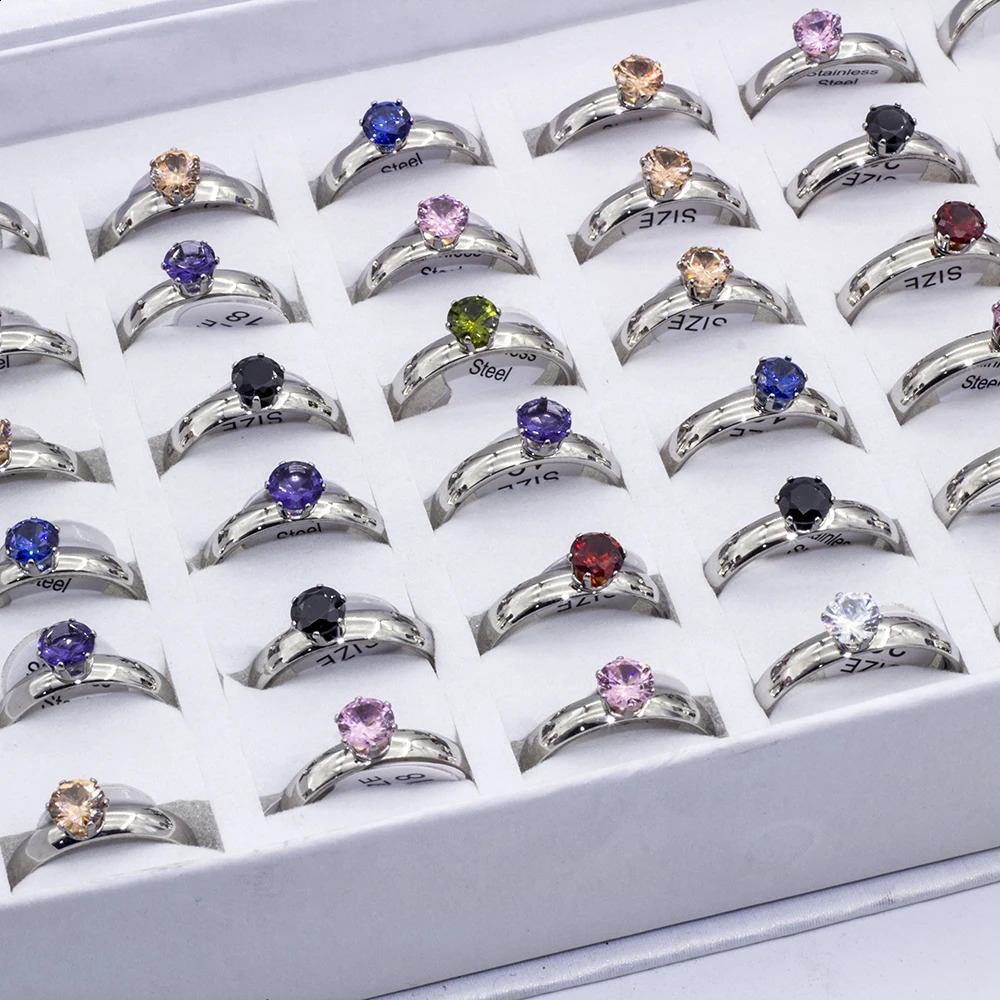 36 piecesbatch of fashionable colored crystal stainless steel rings suitable for mixed color wedding engagement jewelry women with box 240723