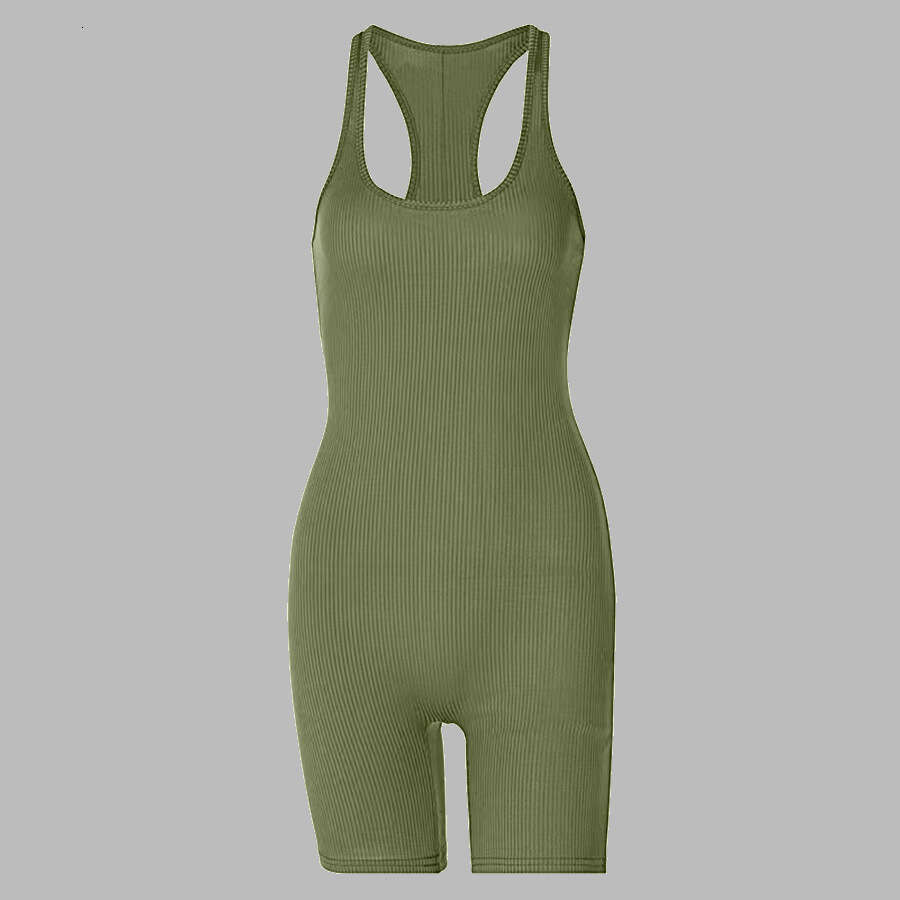 Fashionable Summer Womens Work Back U-neck Sexy Solid Color Tight Fitting Hip Hugging Sports Jumpsuit Yoga Pants Short Yoga Clothes