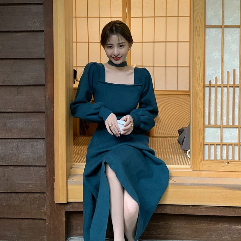 2024 Autumn Vintage Long Sleeve O-neck Solid Color Mid Long Dresses Womens Casual Elegant Classic Office Lady Ladies Dress 240729