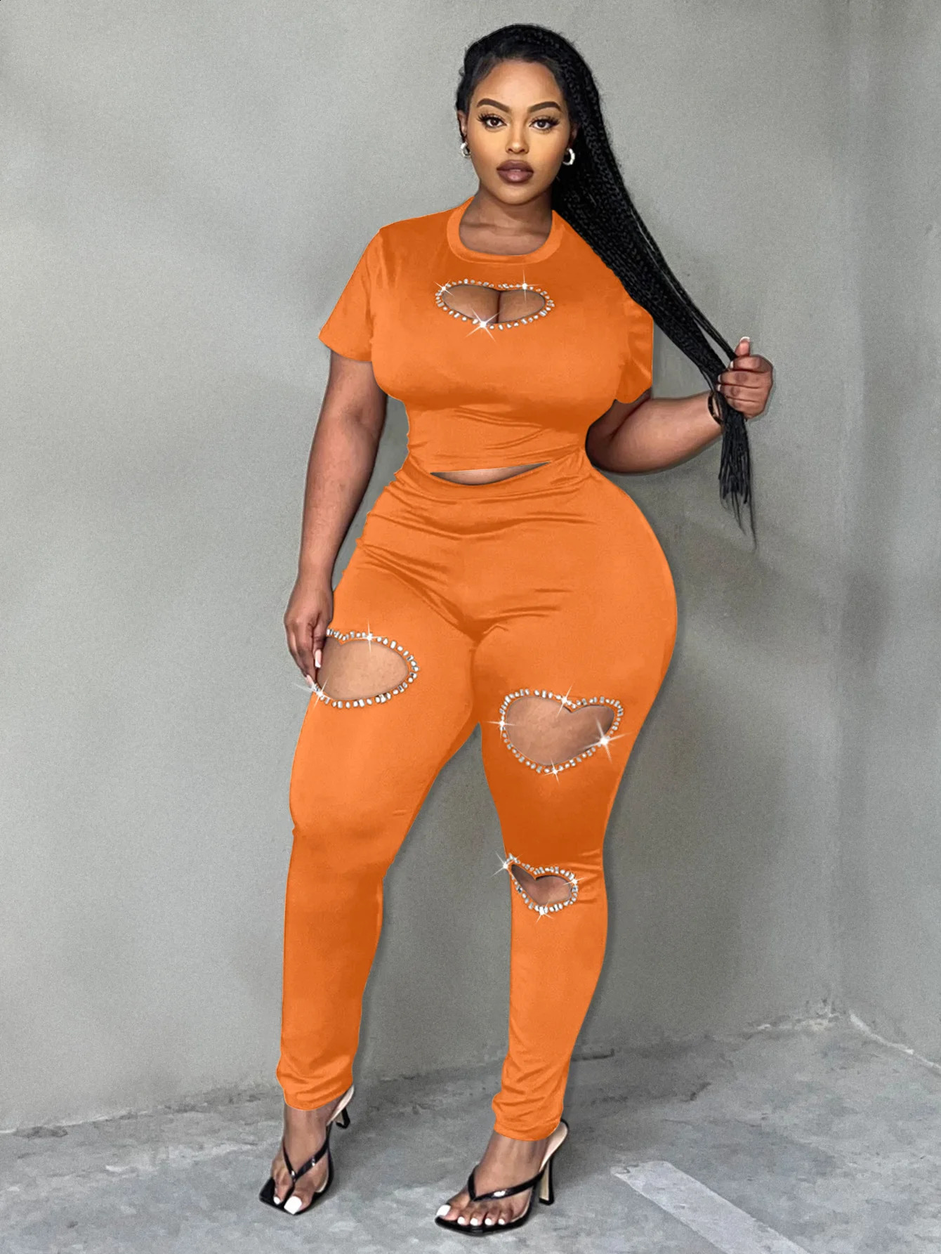LW Plus size twopiece short sleeved topheartshaped cut pants set casual womens autumn item 240722