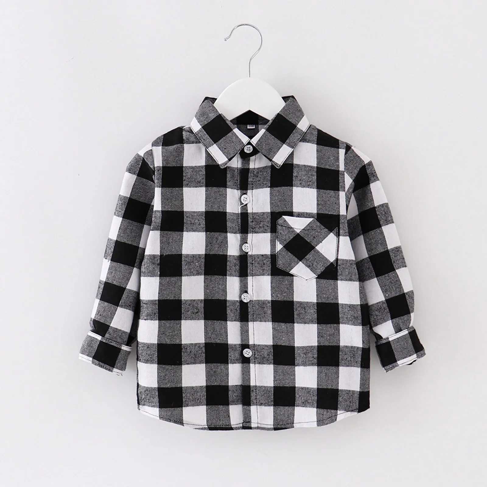 Childrens boys flannel plain shirt collar button up top baby boys and girls Y2k style long sleeved shirtW240729