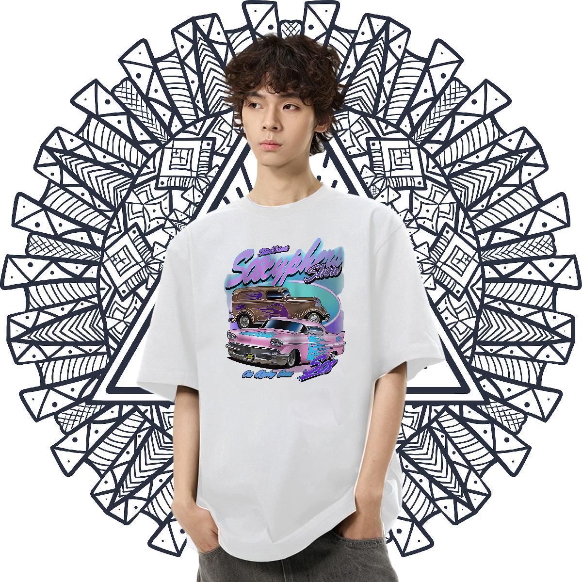 Designer Men Tshirts 230g Cotton Beach car Floral Print O-Neck Short Sleeve DIY Customized Man T Shirts Tops Shirt
