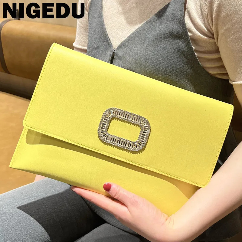 NIGEDU Design Women Envelope Clutch Leather Chains Ladies Shoulder Bag female evening Clutches diamonds Party dinner bag yellow 240729