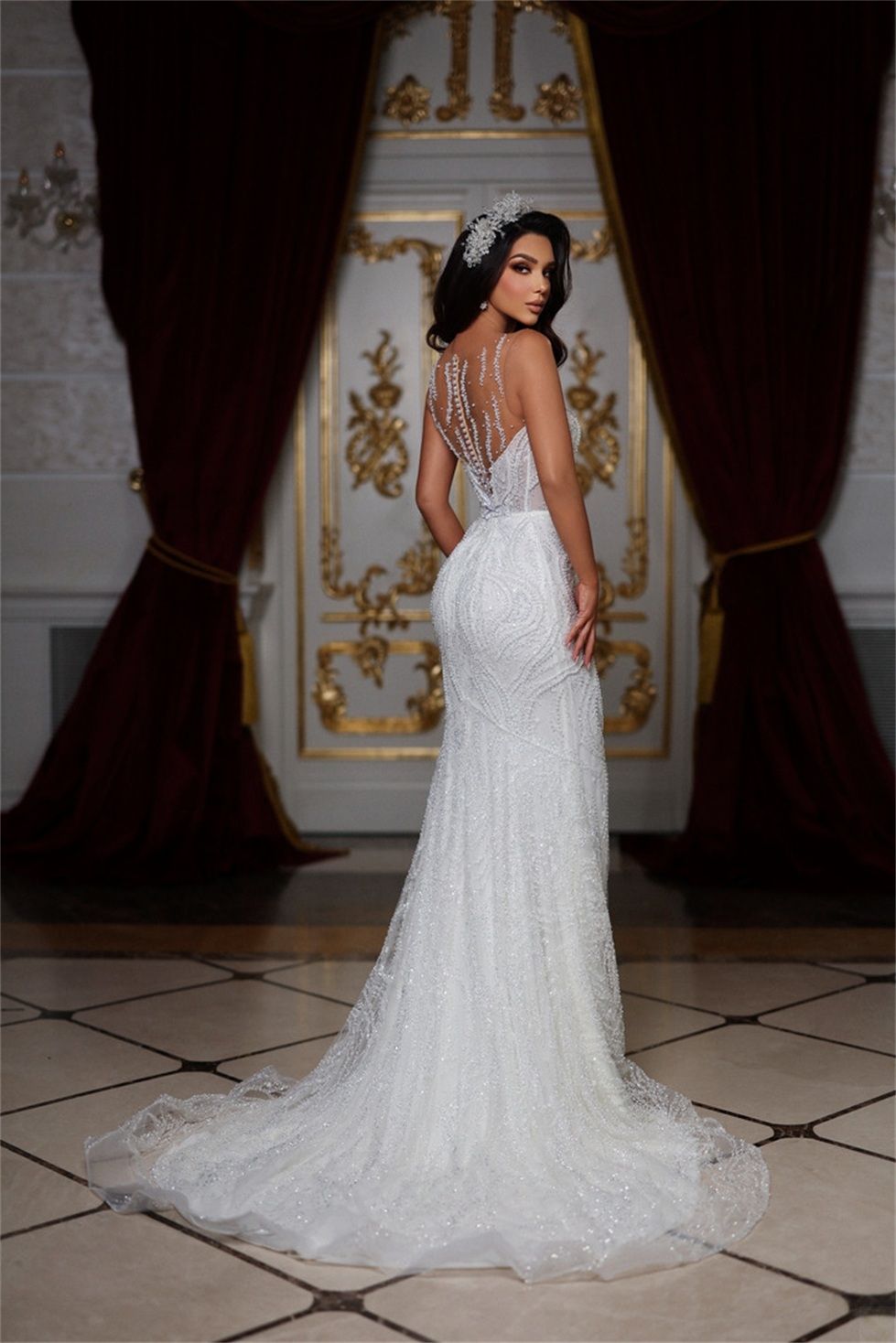 Sequined Mermaid Wedding Dress Deep V Neck Bridal Gown Custom Made Full Sleeve Shiny Vestido De Novia