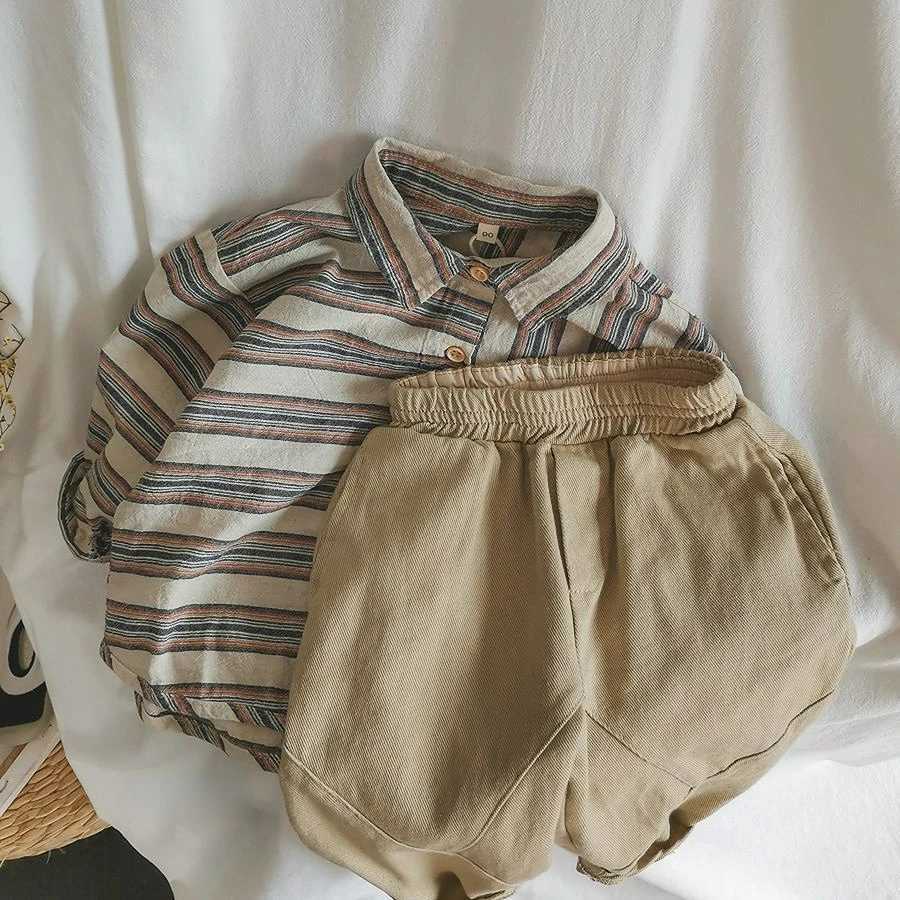 Childrens striped shirt 2023 spring new childrens cotton and linen shirt baby girl boy shirt Korean style long sleeved topW240729