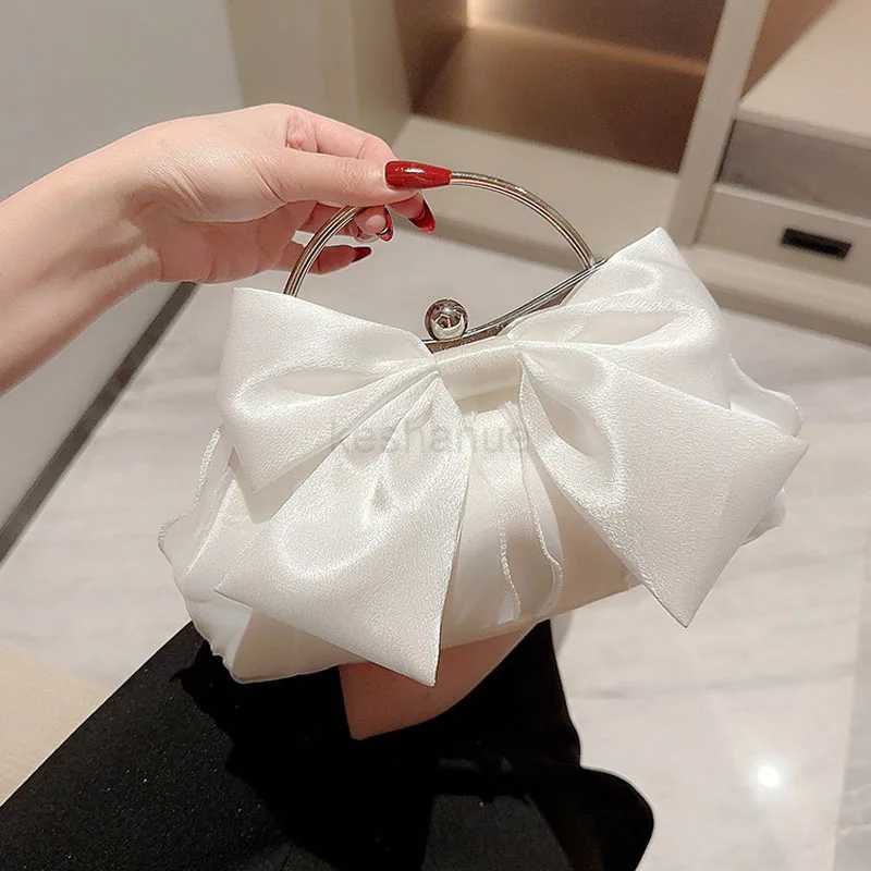 White Satin Bow Fairy Evening Bags Clutch Metal Handle Handbags for Women Wedding Party Bridal Clutches Purse Chain Shoulder BagXJ240729