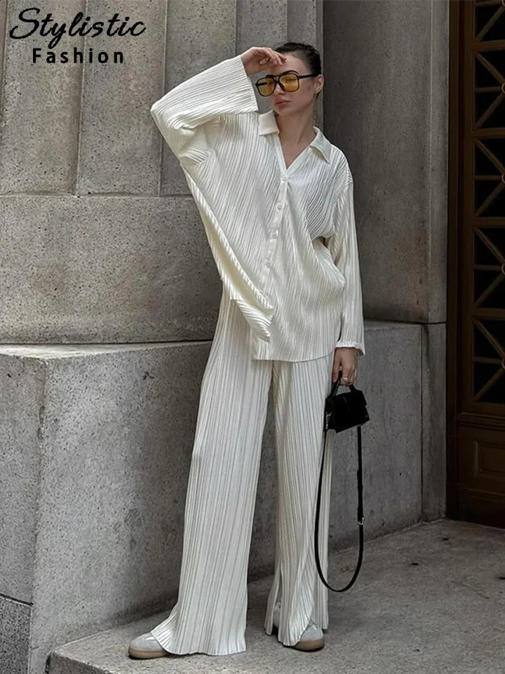 Oversized Pleated Pants Sets Women Long Sleeve Single Breasted V Neck Shirt Wide Leg Trousers Fashion Two 2 Piece Set Outfits 240729
