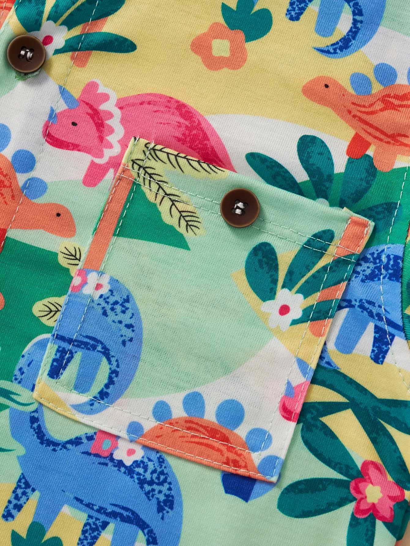 Boys casual color contrast short sleeved cartoon dinosaur full body print summer fashionW240729
