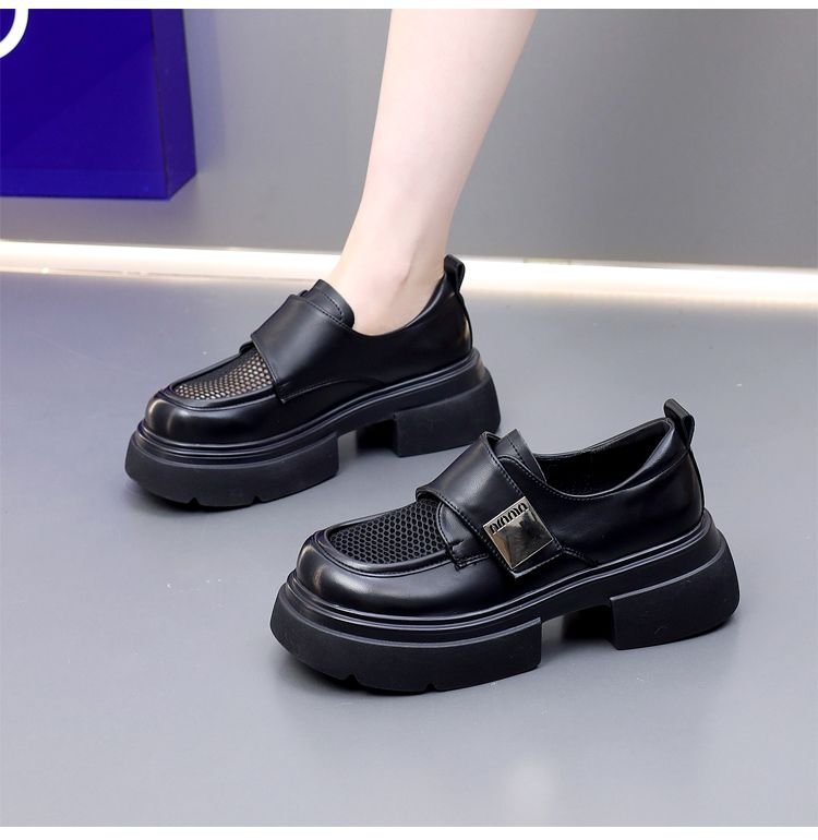 New style thick soled British style color blocked small leather shoes with thick heels, trendy