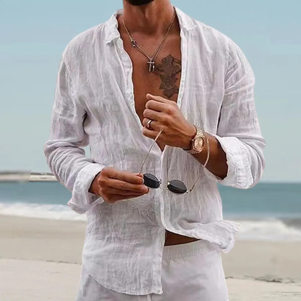 Autumn Men Plain Cotton And Linen-Blend Loose Lapels Long-Sleeved Casual Cardigan Beach Shirt 240729