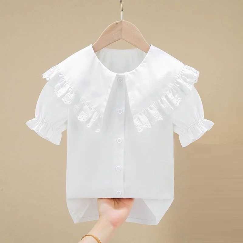 Summer 4-13 year old girl pleated lace shirt white short sleeved school uniform girl button up shirt childrens topW240729