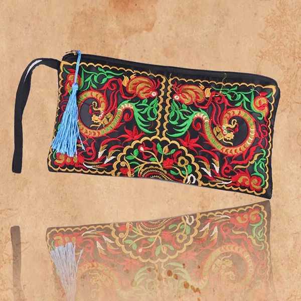 Women Floral Embroidered Boho Wristlet Girls Evening Clutch Bags Handbags Handmade Beach Bag With LanyardXJ240729