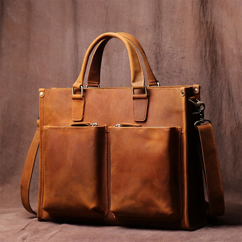 Vintage Man Handbag Briefcase Men Shoulder Leather Bags Brown Business Fashion 16 Inch Laptop Bag