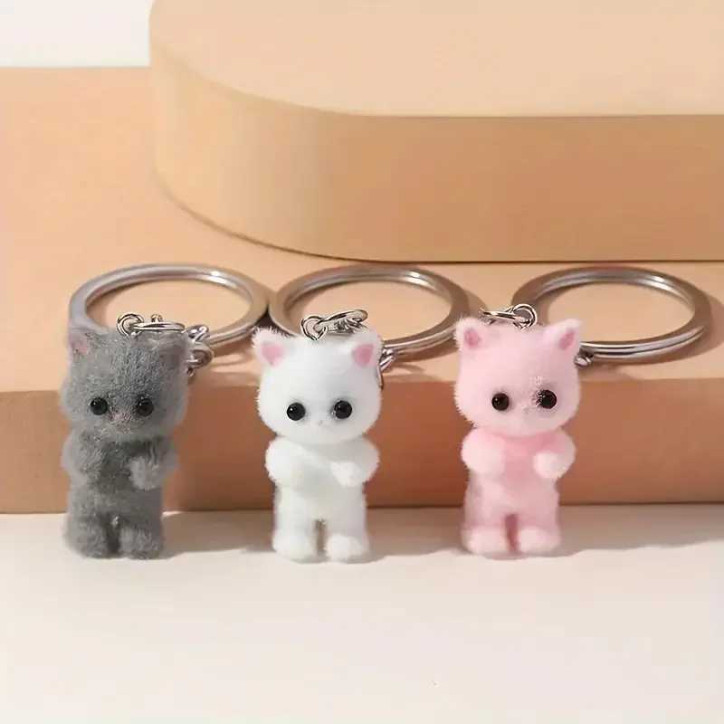 1PCS 3D Cartoon Flocking Cat Keychain Kawaii Cat Key Ring Animal Key Chains Souvenir Gifts For Women Men Car Keys DIY JewelryL240729