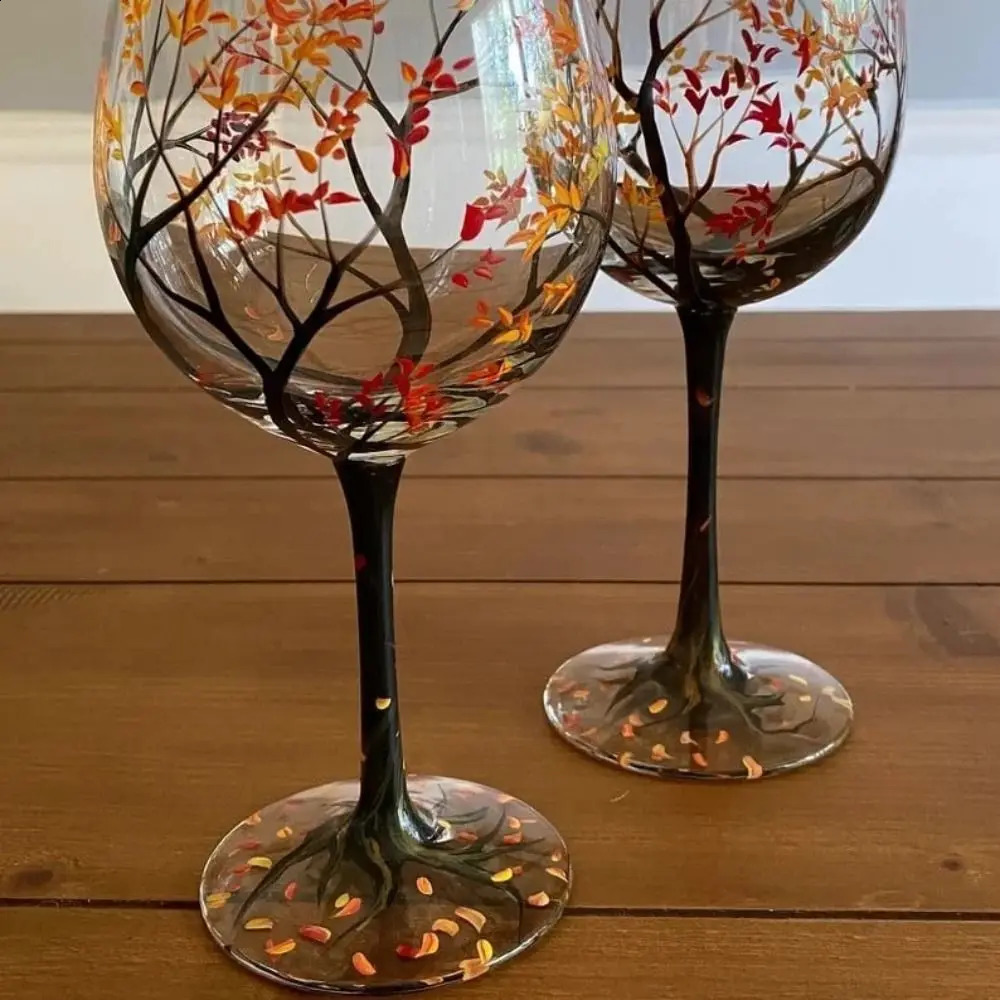 Update Four Seasons Trees Glasses Creative Printed High Legged For Wine Beer Cocktail Large Capacity Glass Cup Set 240729