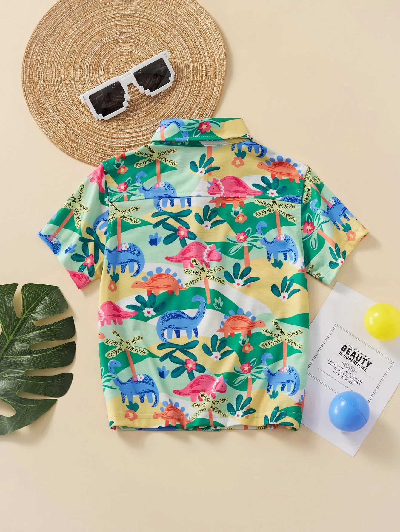 Boys casual color contrast short sleeved cartoon dinosaur full body print summer fashionW240729