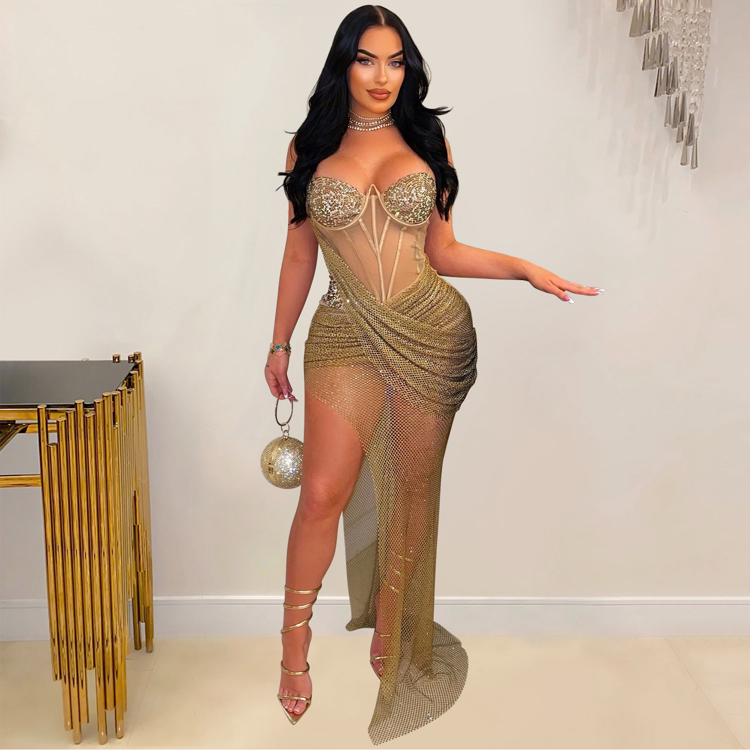 African Gold Prom Black Women Promdress Strap Sequined Bg Elegant Evening Dresses For Special Ocns Birthday Gowns Engagement Gown dress