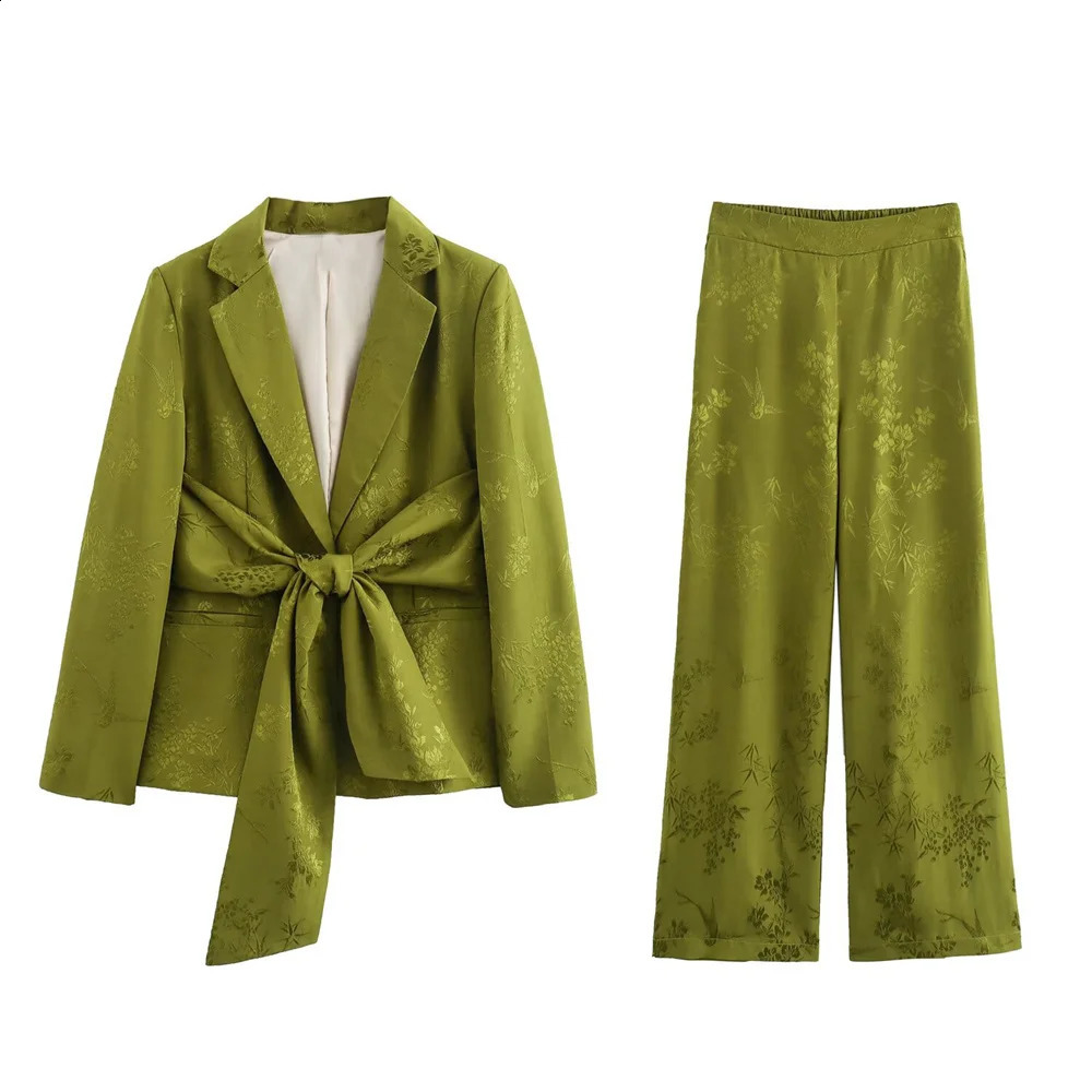 UNIZERA Autumn Womens Casual Bow Decoration Jacquard Suit Coat Fashion High Waist Straight Leg Pants Set 240729