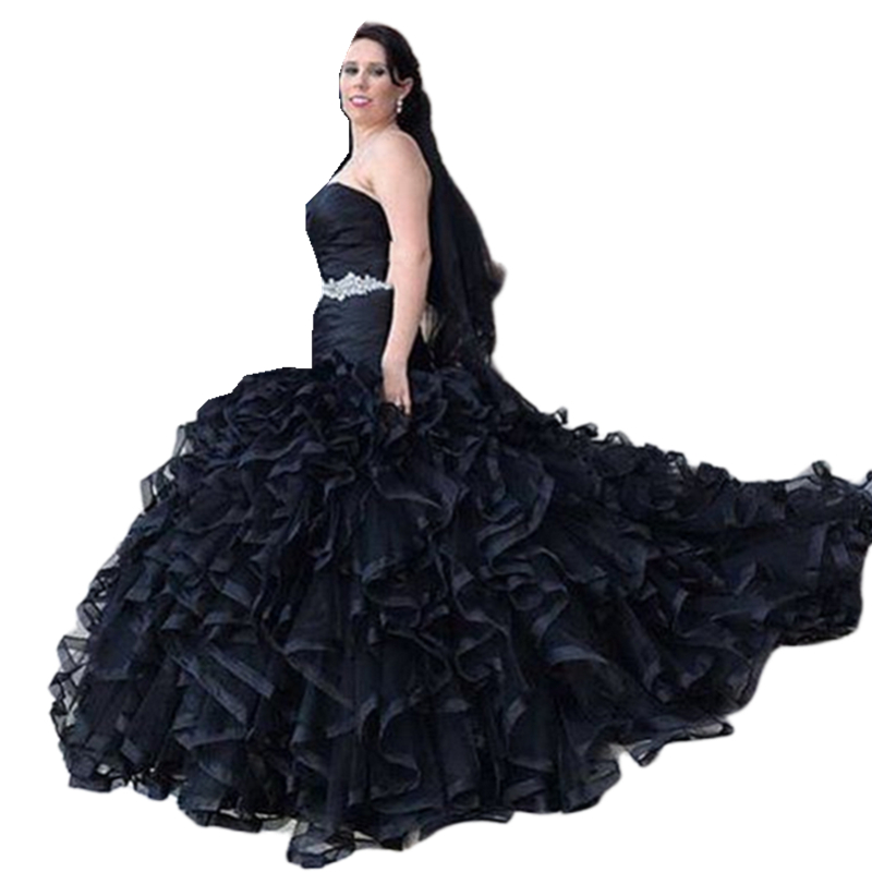 Ruffles Black Mermaid Wedding Dresses Sweep Train Pluffy Long Organza Gothic Wedding Gowns Lace Appliques Sweetheart Sleeveless Back Buttons Vestido D