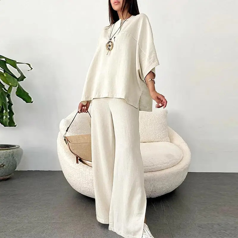 Vintage Cotton And Linen Loose Two Piece Set Clothes For Women Solid Color Casual Wide Leg Pants Sets Spring Summer
