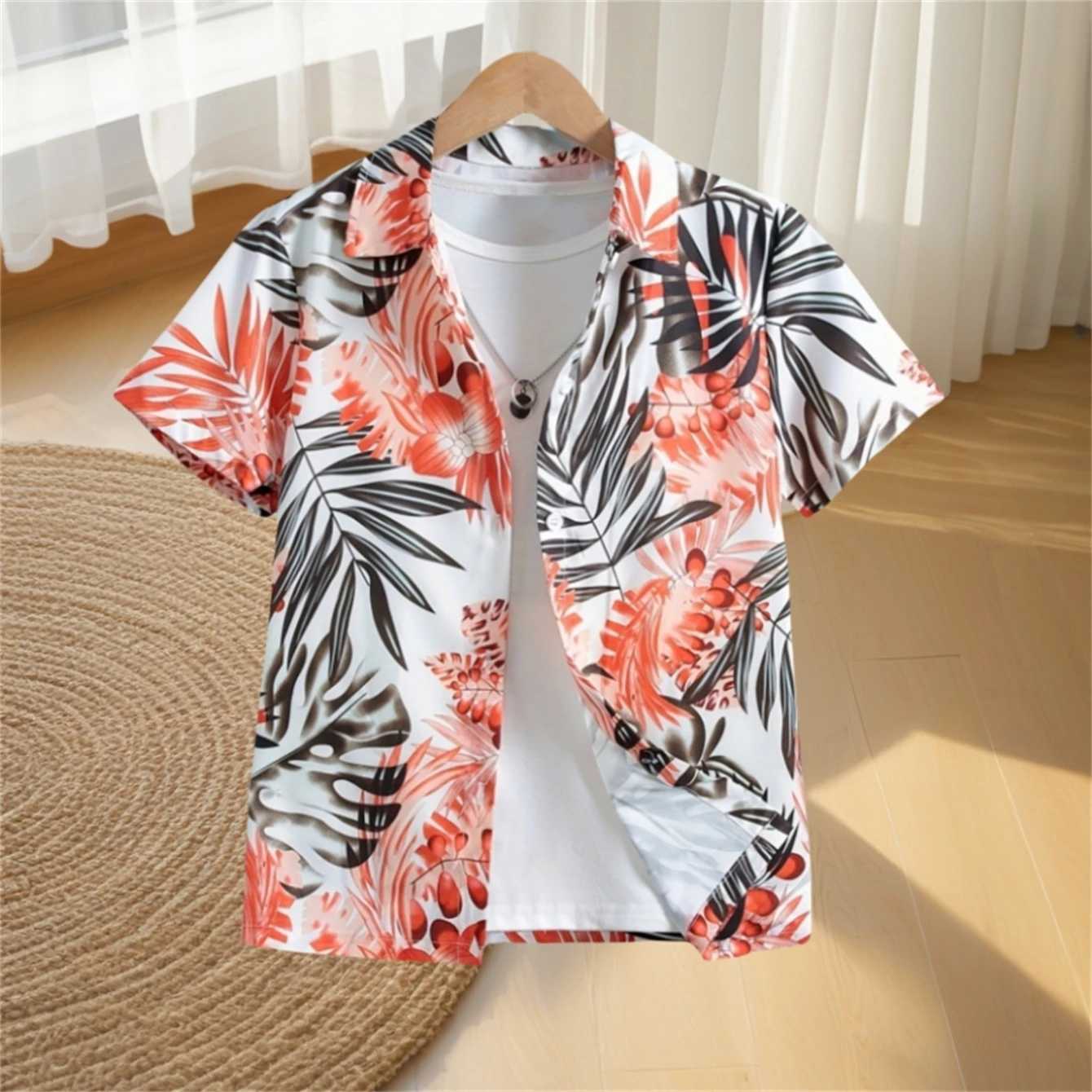 2024 childrens clothing cartoon beach print boys creative shirt casual short sleeved top boys summer childrens shirt T-shirtW240729