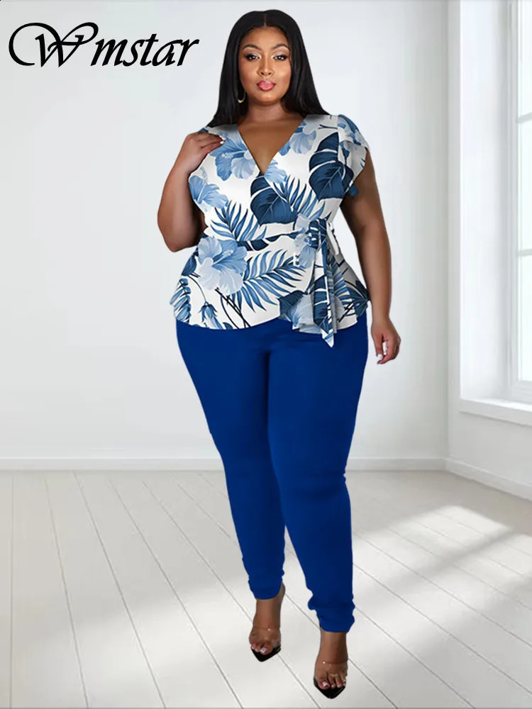 Wmstar Plus size twopiece set womens summer printed top solid leg matching wholesale direct 240722