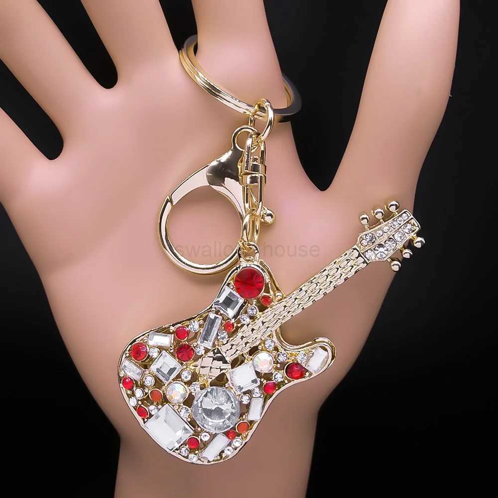 Attractive Musical Instrument Guitar Rhinestone Keyring Holder Hip Hop Music Purse Bag for Car Keychains Decorative Gift JewelryL240729