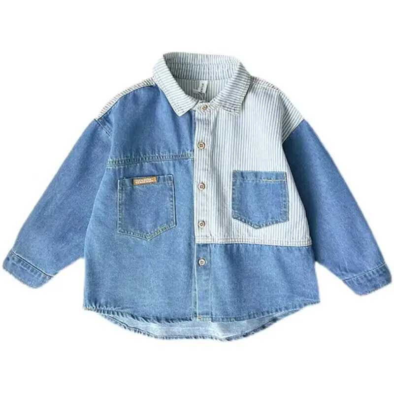 New boy striped shirt fashionable casual soft denim shirt childrens baby thin shirt jacket spring and autumn topsW240729
