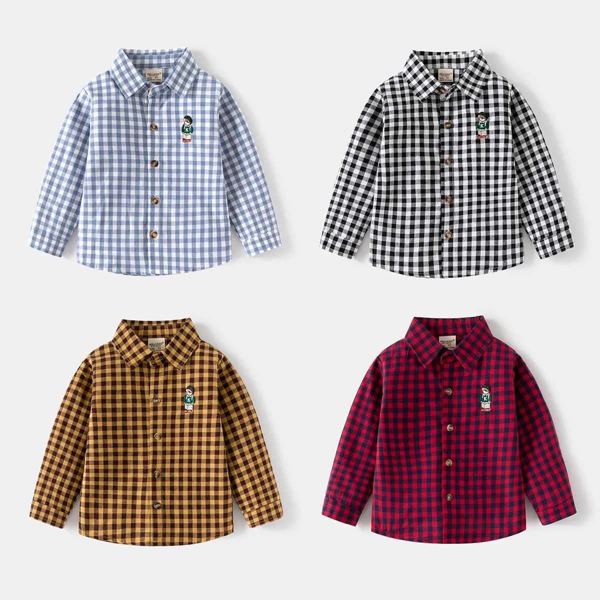 Cute Bear Flat Pattern Boys Shirt Cotton Preschool Childrens Top Long Sleeve Childrens ClothingW240729
