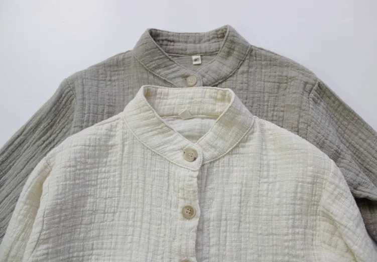 New 2023 Autumn Boys Cotton Linen Shirt Solid Color Korean Stand Collar Childrens Long Sleeve Shirt TopW240729