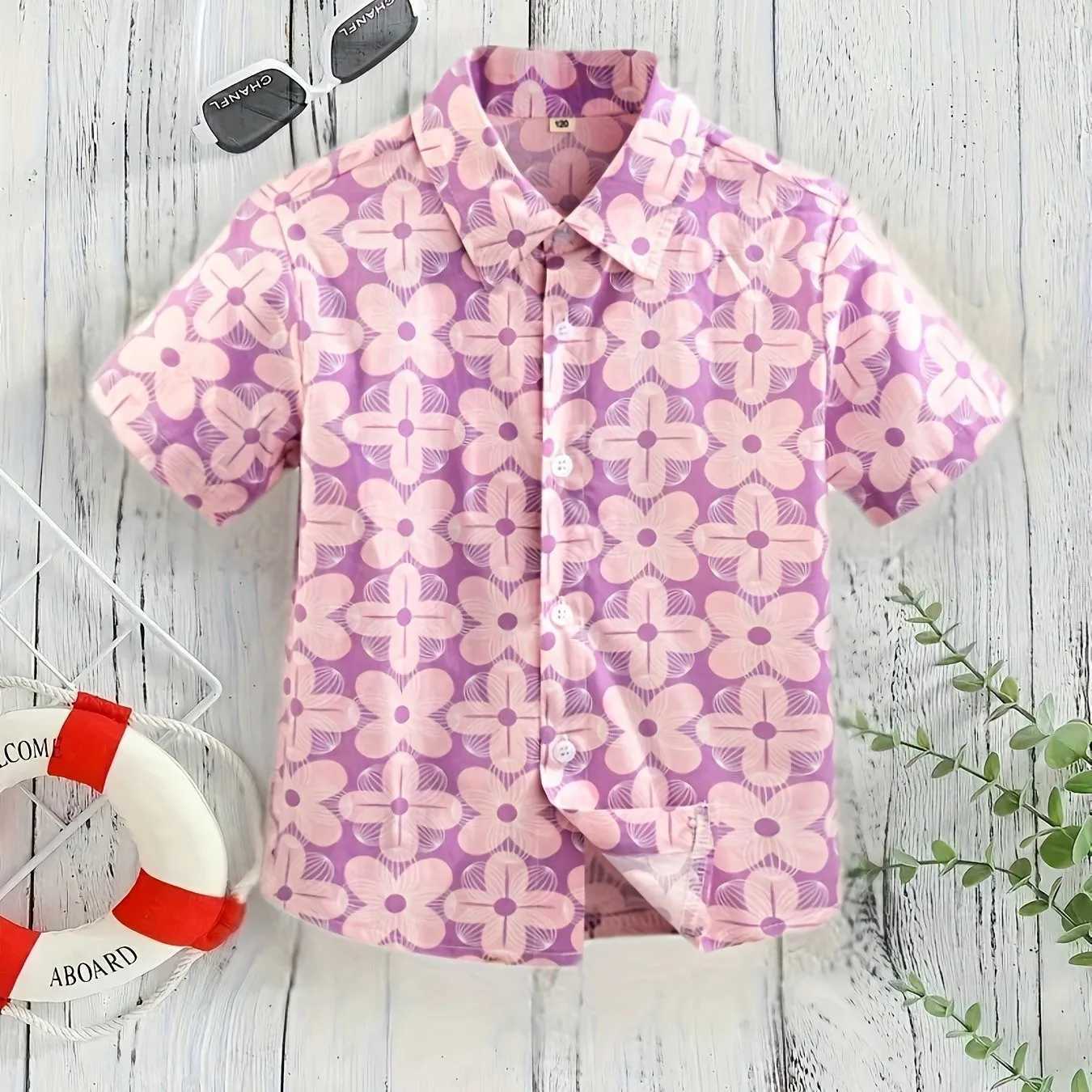 Childrens flower and leaf print pattern boys fashionable and creative short sleeved shirt collar shirt casual childrens topW240729