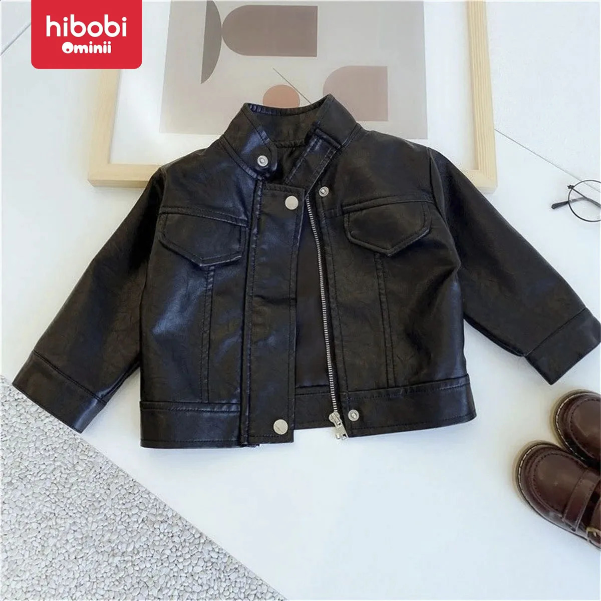 hibobi Toddler Boy Solid Color Casual Fashion Button and Pocket Front Stand Up Collar Zipup Leather Jacket 240723