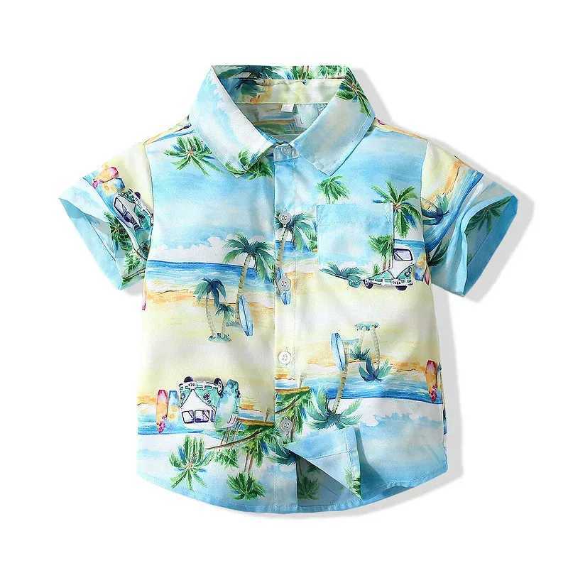 Summer Boys Shirt Beach Graphic Printed Short Sleeve Casual Button Childrens 2-8 Piece Holiday Seaside Childrens Shirt TopW240729
