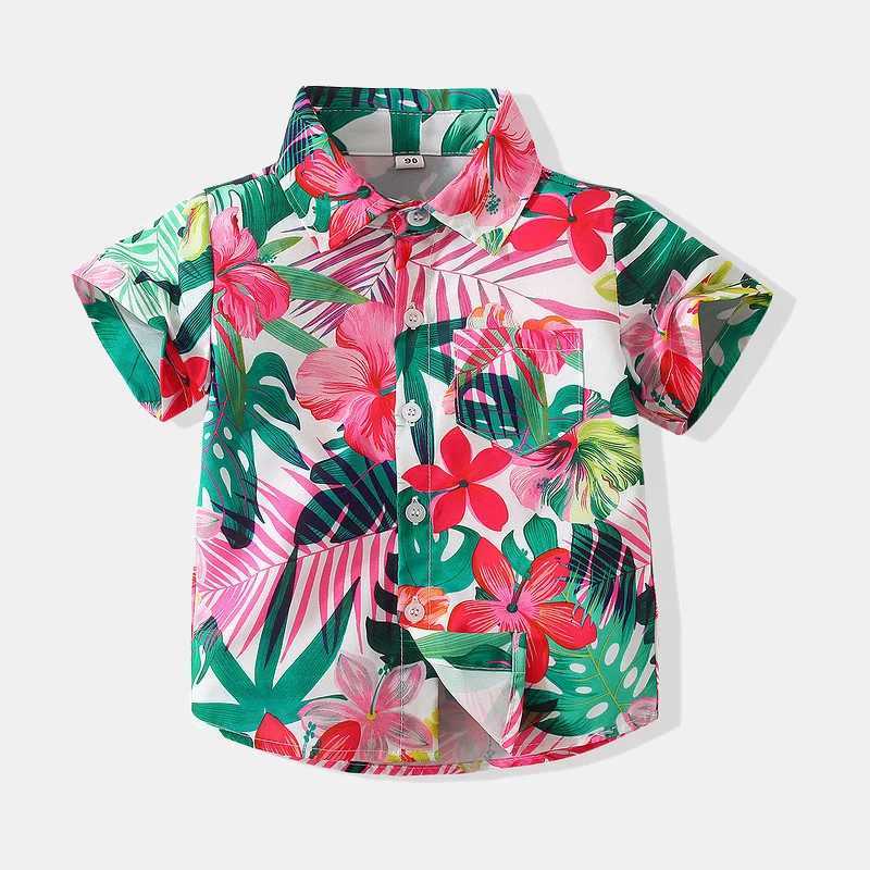 Summer Baby Shirt Beach Pattern Printed Short Sleeve Casual Button Childrens Shirt Holiday Seaside Childrens Shirt TopW240729