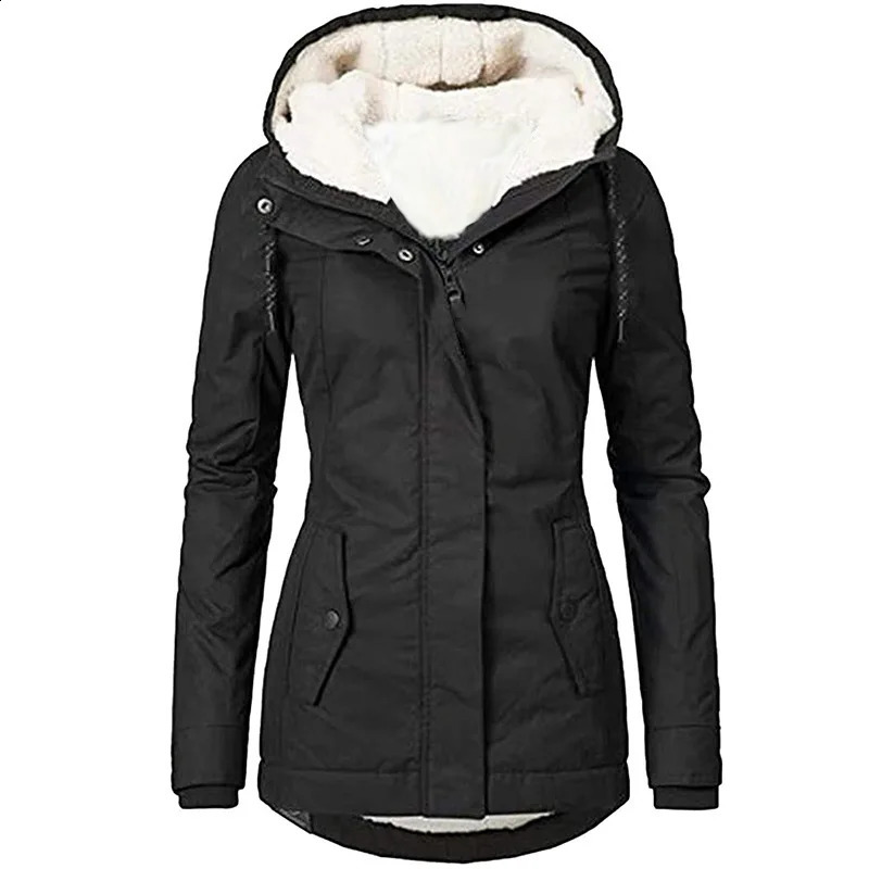 Fashion Womens Thickened Coat Warm Winter Solid Plush Thickened Long Jacket Outdoor Hiking Hooded Windproof Parka Coat 240729