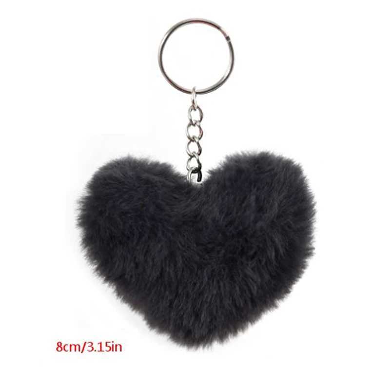 8CM Fluffy pompom Keychain Gifts for Women Soft Heart Shape Pompon Fake Rabbit Key Chain Ball Car Bag Accessories Key RingL240729