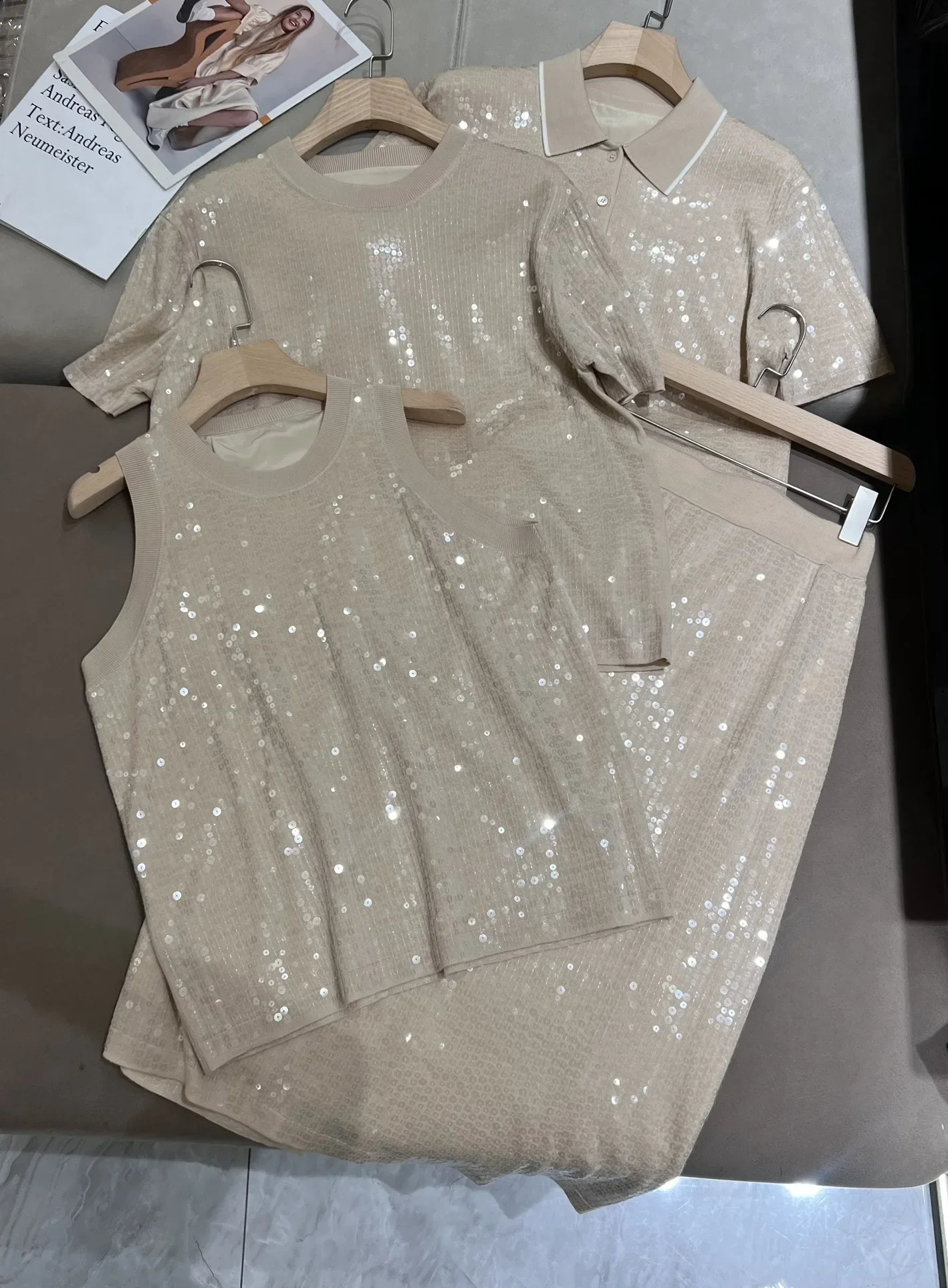 Spring Summer Heavy duty bead round neck loose short sleeve Tshirt top elastic waist Aline skirt woman twopiece set 240729