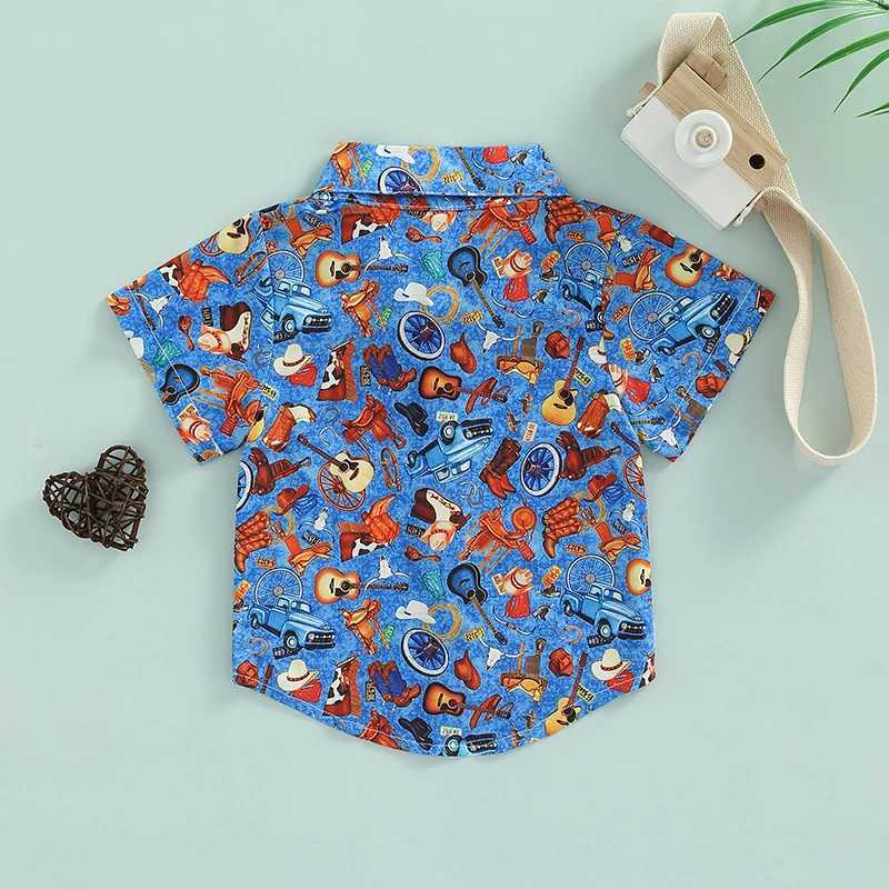 Boys summer shirt with cartoon pattern printing childrens lapel collar short sleeved shirt button up childrens clothingW240729