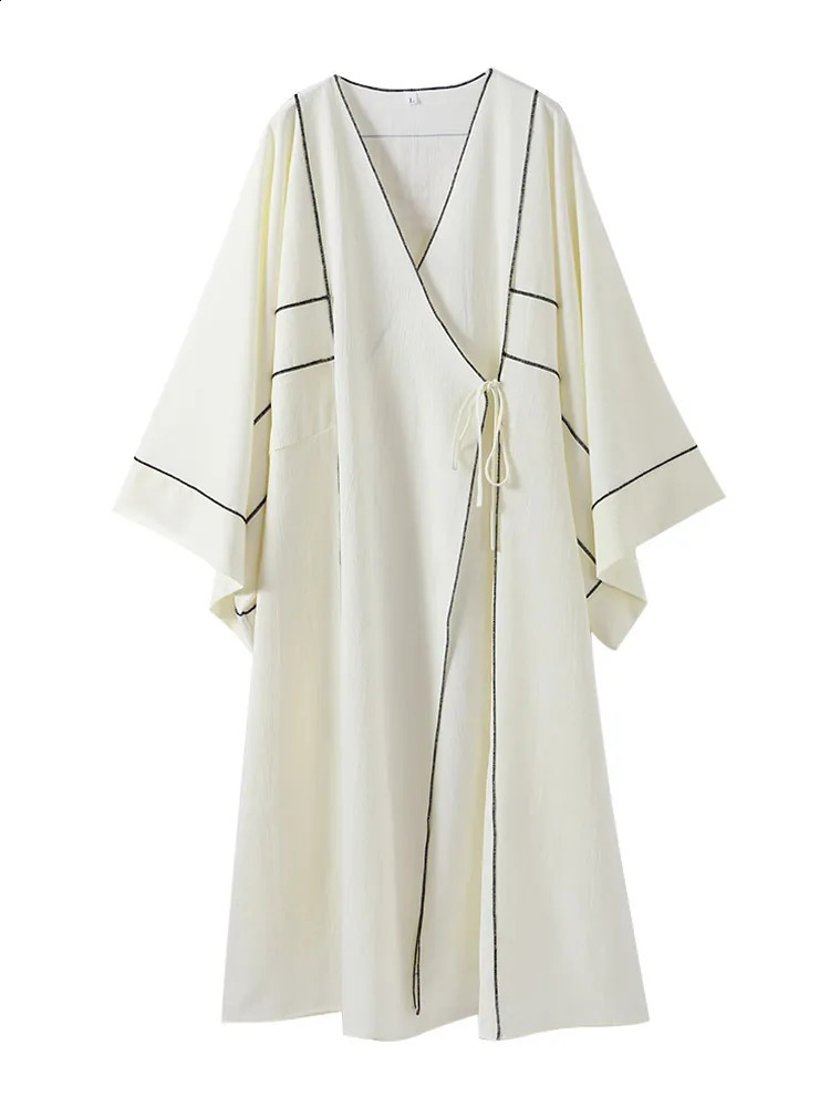 Contrast color Lace Up Maxi Dress For Women Summer Loose V-Neck Long Sleeve Cotton Kimono Dress 2024 Holiday Lady Beach Robes 240729
