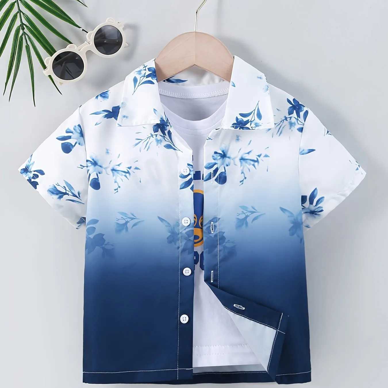 2024 Childrens Clothing Girls Shirt Tropical Coconut Tree Pattern Shirt Boys Fashion Short sleeved Top Collar ShirtW240729