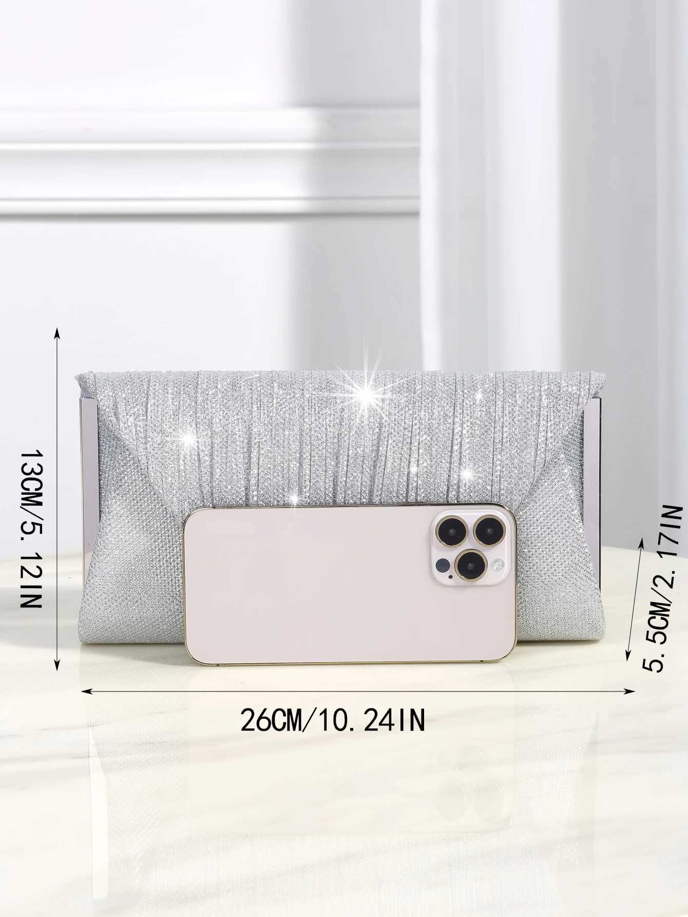 Luxurious shiny metallic patchwork envelope clutch with magnetic snap fastener elegant and stylish evening bagXJ240729