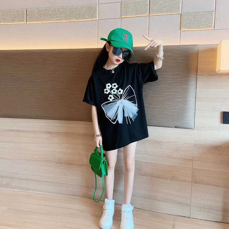T-shirts Teenagers Girls T-shirt 2023 Summer Girl Short Sleeve Tops Tees Sport Kids School Costume Children Long T-shirts 4-12 Years OldL24729