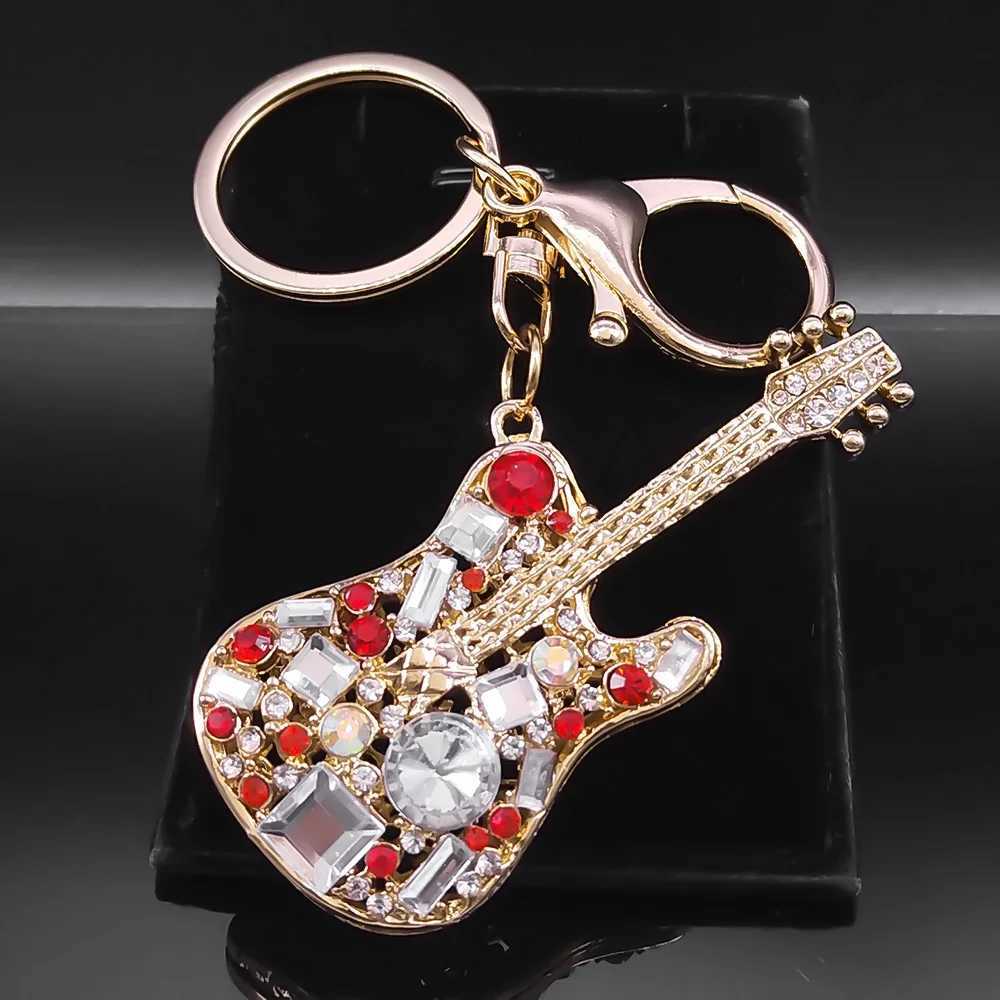 Attractive Musical Instrument Guitar Rhinestone Keyring Holder Hip Hop Music Purse Bag for Car Keychains Decorative Gift JewelryL240729