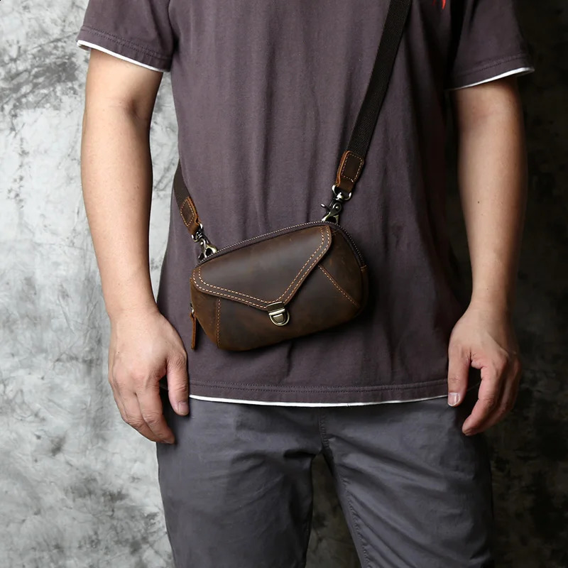 Retro Leather Mens Mobile Phone Bag Crazy-horse Leather Waist Bag Top Layer Cowhide Clutch Cross-body Shoulder Bag NZPJ 240729